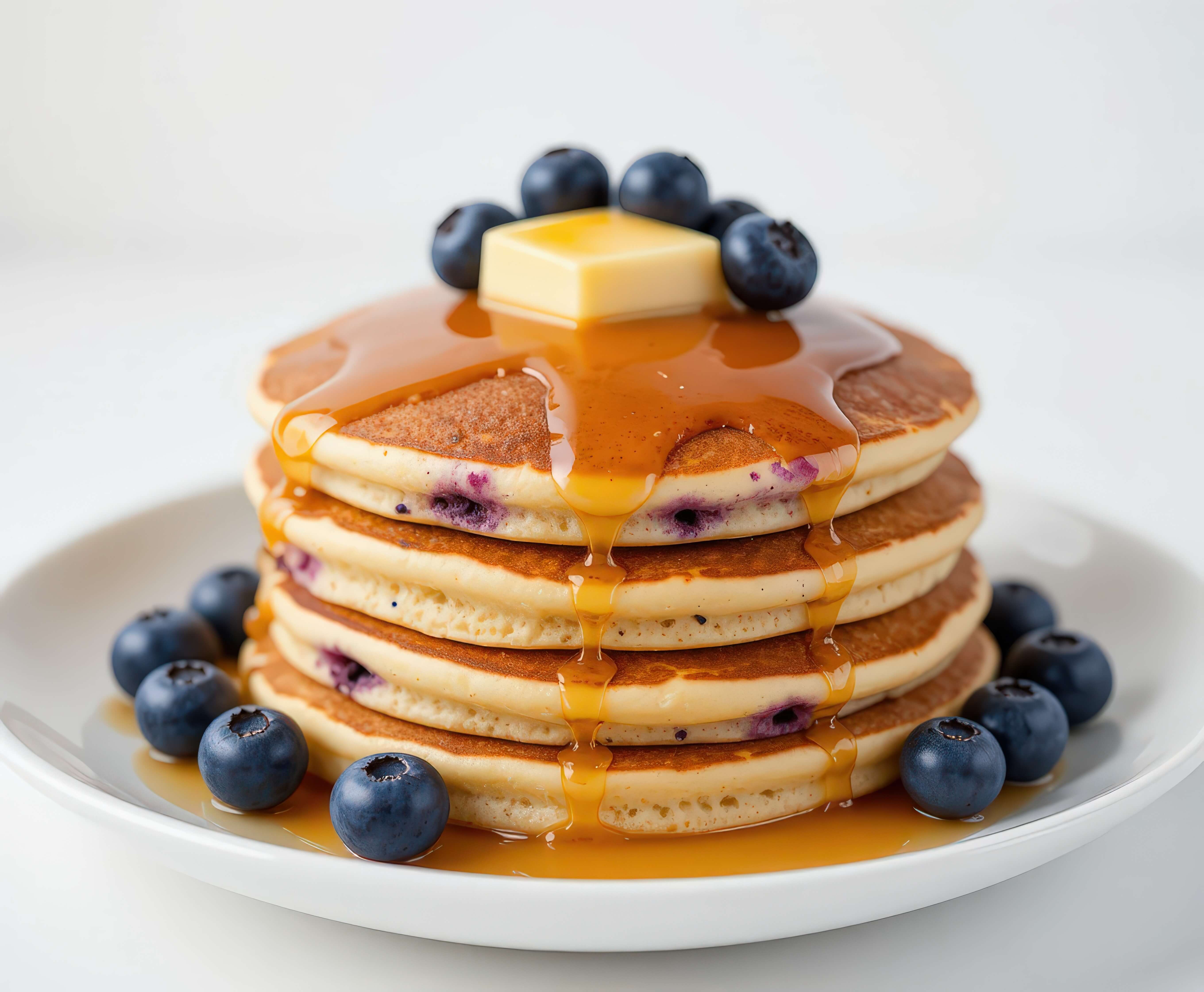 A stack of blueberry pancakes with maple syrup and butter, served at the Agape Love of Renton Community Breakfast